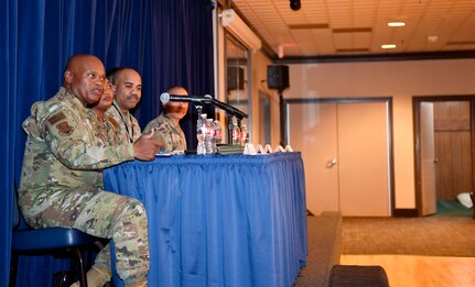 Left to right, SEA Tony Whitehead, senior enlisted advisor to the chief of the National Guard Bureau; Chief Master Sgt. Melvina A. Smith, command chief master sergeant for Air Force Global Strike Command and Air Forces Strategic-Air; Chief Master Sgt. Israel Nuñez, senior enlisted advisor to the chief of Air Force Reserve; Command Space Force Chief Master Sgt. Caleb Lloyd, senior enlisted leader for Space Operations Command at Peterson Space Force Base; and Space Force Chief Master Sgt. James P. Seballes, senior enlisted leader for Space Training and Readiness Command, answer questions from the audience during the 2024 Women's Air & Space Symposium at Peterson Space Force Base, Colorado, March 28, 2024.