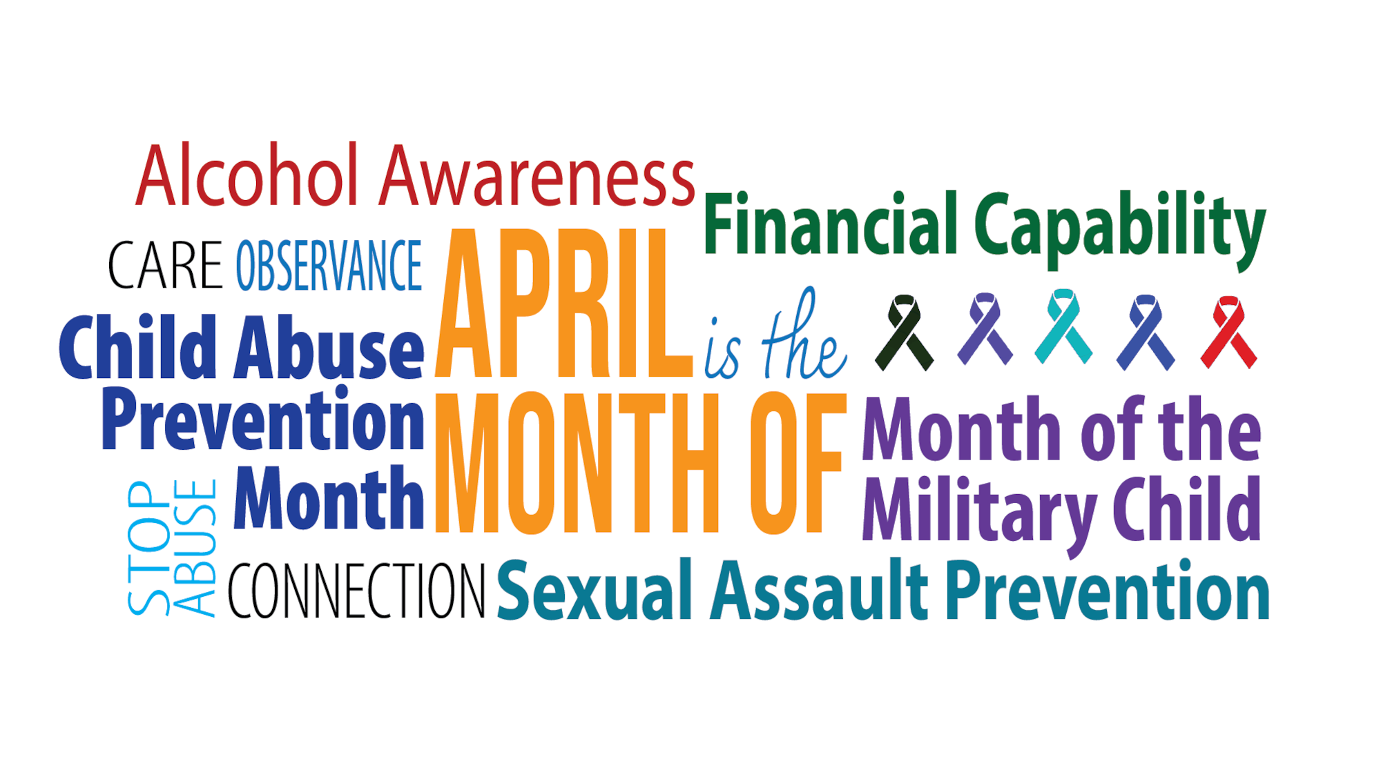 Word cloud that highlights April as the month of:  Military Child, Alcohol Awareness, Child Abuse Aware, and Sexual Assault Prevention.