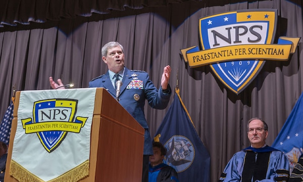 U.S. Air Force Lt. Gen. Michael Plehn, president of National Defense University, inspires more than 200 graduates with a commencement address detailing five key principles to achieving success during the Naval Postgraduate School’s Winter Quarter graduation ceremony, March 29 in King Hall Auditorium. (U.S. Navy photo by Mass Communications Specialis 2nd Class Will Norket/Released)