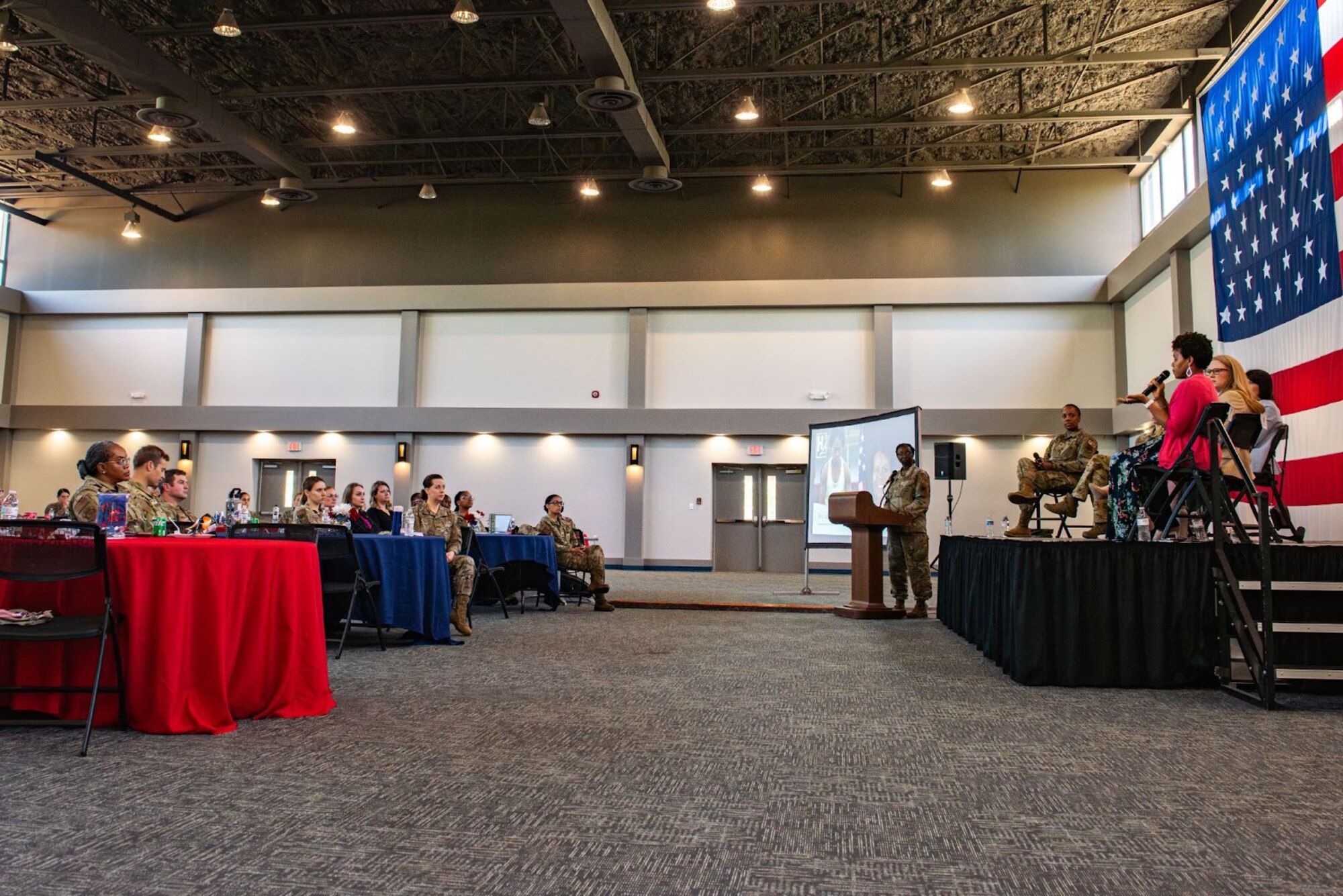 Panelists at a Women in Leadership panel share their life stories to attendees at Moody Air Force Base, Georgia, March 28, 2024. The Women in Leadership panel showcased a diverse group of military and civilian women leaders sharing insights on their career successes and overcoming obstacles along the way. (U.S. Air Force Photo by Airman 1st Class Sir Wyrick)