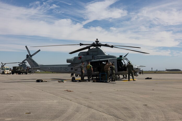 U.S. Marines with Marine Light Attack Helicopter Squadron (HMLA) 167 conduct precision-guided munitions delivery at maritime targets
