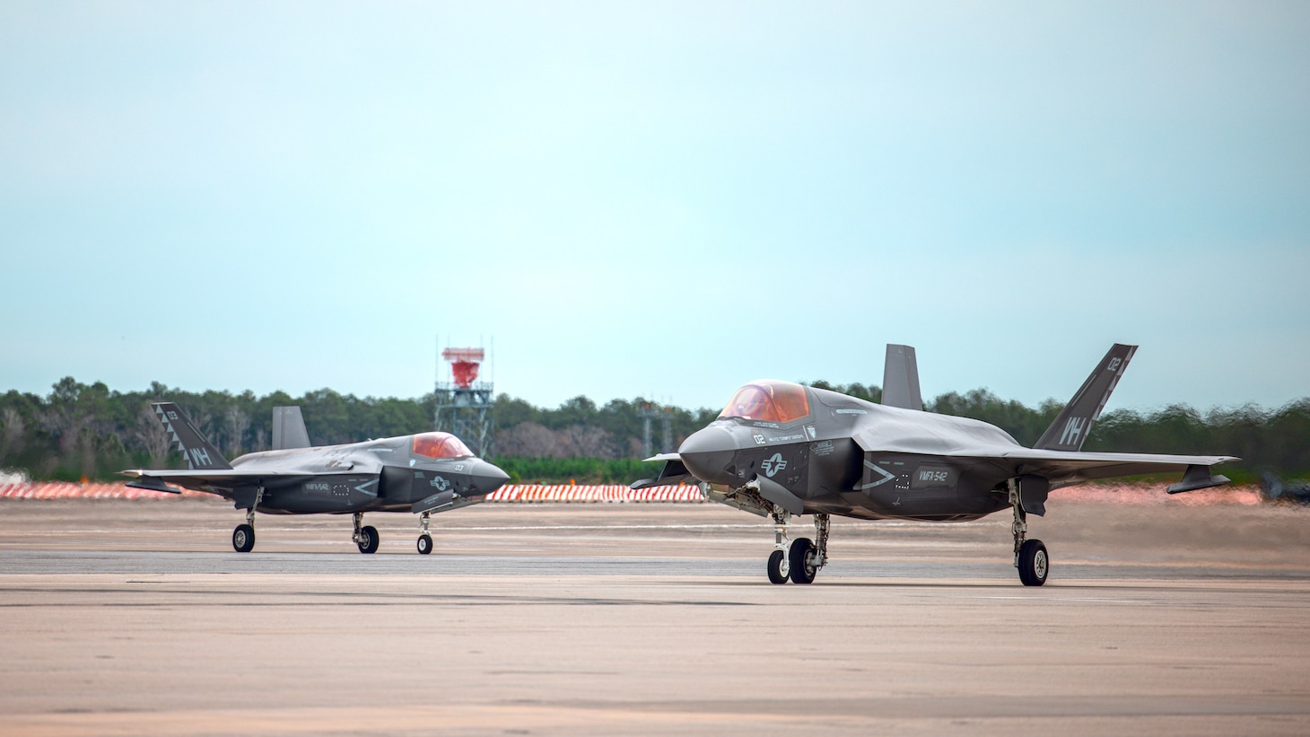 Two U.S. Marine Corps F-35B Lightning II jets with Marine Fighter Attack Squadron (VMFA) 542 taxi at Marine Corps Air Station Cherry Point, North Carolina, Dec. 28, 2023. VMFA-542 pilots conducted routine flight operations to maintain proficiency and achieve training objectives in support of 2nd Marine Aircraft Wing missions. The F-35B Lightning II is designed to meet an advanced threat while improving lethality, survivability, and supportability.