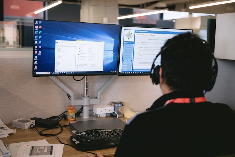 Rafael Arana, an administrative support assistant with the U.S. Army Corps of Engineers Buffalo District's Strategic Integration Office, conducts training at district headquarters, Buffalo, New York, March 14, 2024.