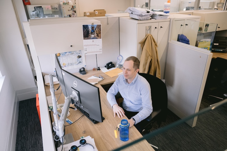 Michael Lipin, an administrative support assistant with the U.S. Army Corps of Engineers Buffalo District's Strategic Integration Office, conducts support functions, Buffalo, New York, March 14, 2024.