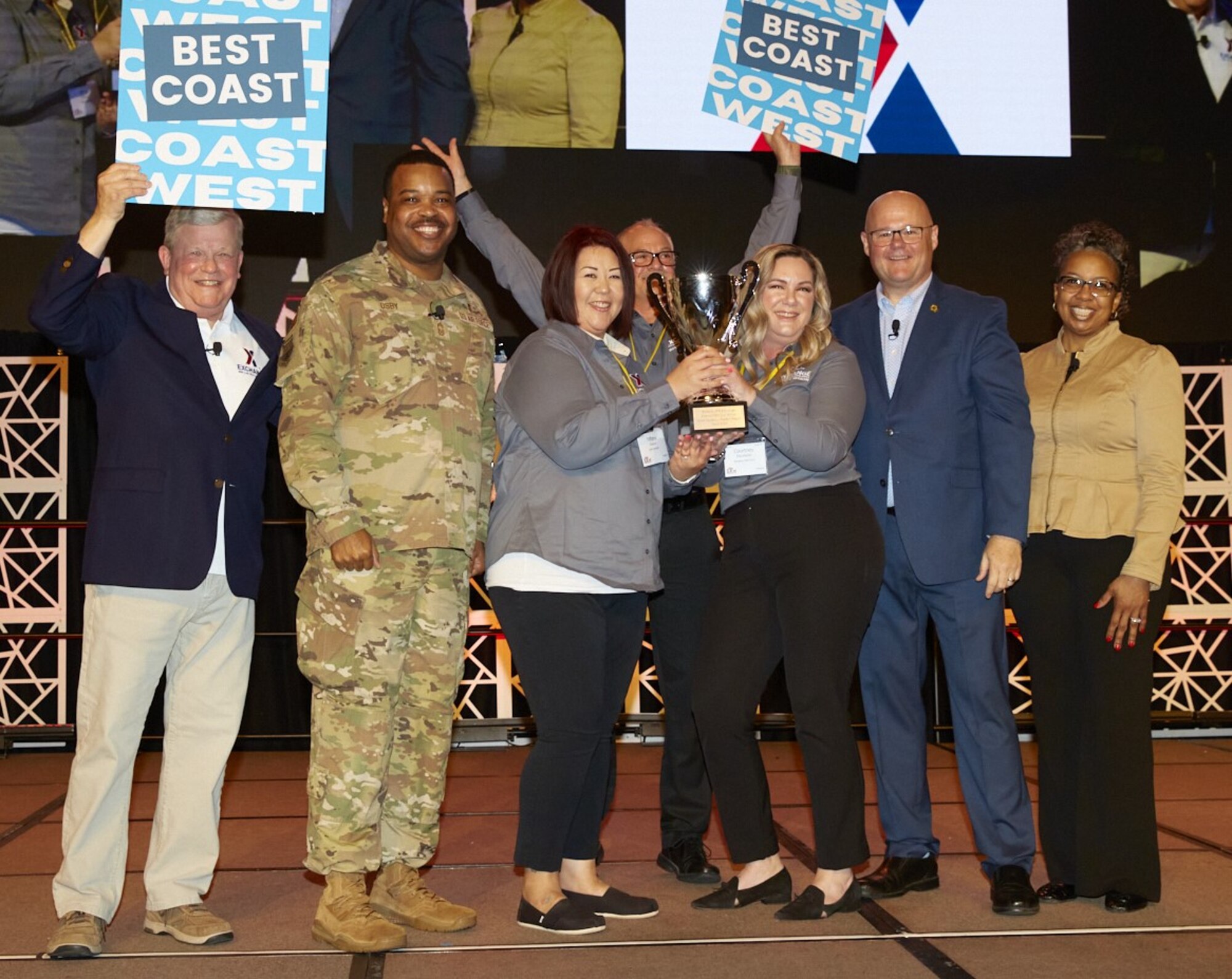 Army & Air Force Exchange Service Director/CEO Tom Shull; Army & Air Force Exchange Service Senior Enlisted Advisor Chief Master Sgt. Kevin Osby; Edwards AFB Exchange Services Business Manager Tiffany Duque; Exchange West Coast Regional Vice President Robert Rice; Edwards AFB Exchange General Manager Courtney Escobedo; Army & Air Force Exchange Service President Jason Rosenberg; Army & Air Force Exchange Service Executive Vice President and Chief Operating Officer Marla Randolph