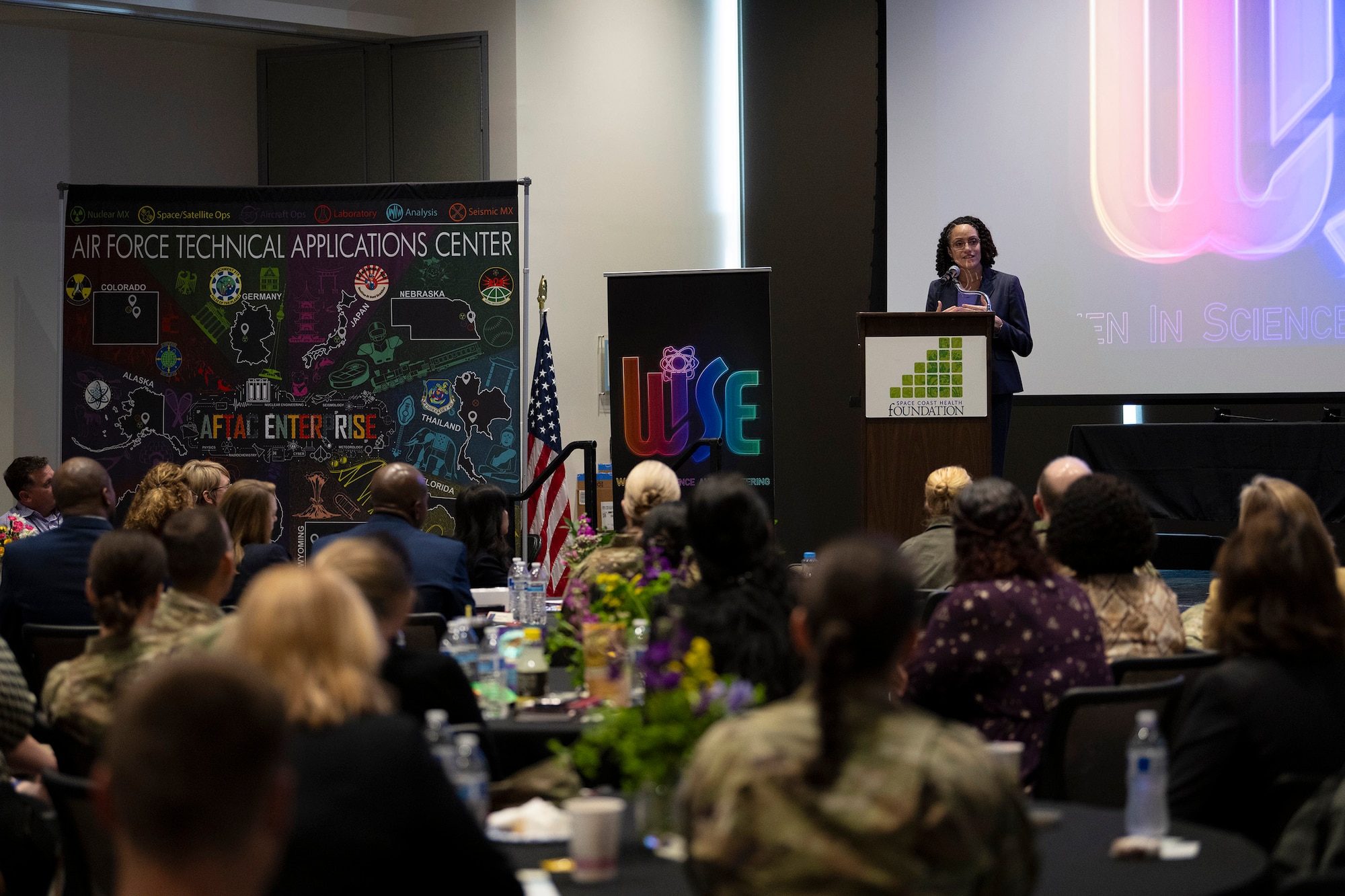 Dr. Stacey A. Dixon, Principal Deputy Director of National Intelligence and the No. 2 U.S. Intelligence Community official, speaks to attendees at the 2024 Women in Science and Engineering Symposium March 12 in Rockledge, Fla.  Dixon was one of several dignitaries who imparted their wisdom and experience as senior professionals in STEM career fields.  The WiSE Symposium, hosted by the Air Force Technical Applications Center at Patrick Space Force Base, Fla., is a diversity initiative designed to highlight and bring attention to the value that gender diversity brings to the science, technology, engineering, and mathematics workforce.  (U.S. Air Force photo by Matthew S. Jurgens)