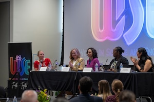 Ms. Aarolyn Hayes (far left), a member of the Air Force Technical Applications Center at Patrick Space Force Base, Fla., moderates an expert panel entitled “Science and Engineering for the Future of Defense” during the 2024 Women in Science and Engineering Symposium March 12 in Rockledge, Fla.  Panel members included (from left to right) Dr. Sharon Gandy, Joint National Coordinator for Global Health and Biosecurity; Kristin Houston, President of Space Propulsion and Power Systems at L3Harris; Dr. Tracey-Ann Wellington, Senior Advisor to the Undersecretary of Arms Control and International Security; and Sarah Mineiro, Chief Executive Officer of Tanagra Enterprises.  AFTAC has hosted the WiSE Symposium since 2014 to highlight and bring attention to the value that gender diversity brings to the science, technology, engineering, and mathematics workforce.  (U.S. Air Force photo by Matthew S. Jurgens)