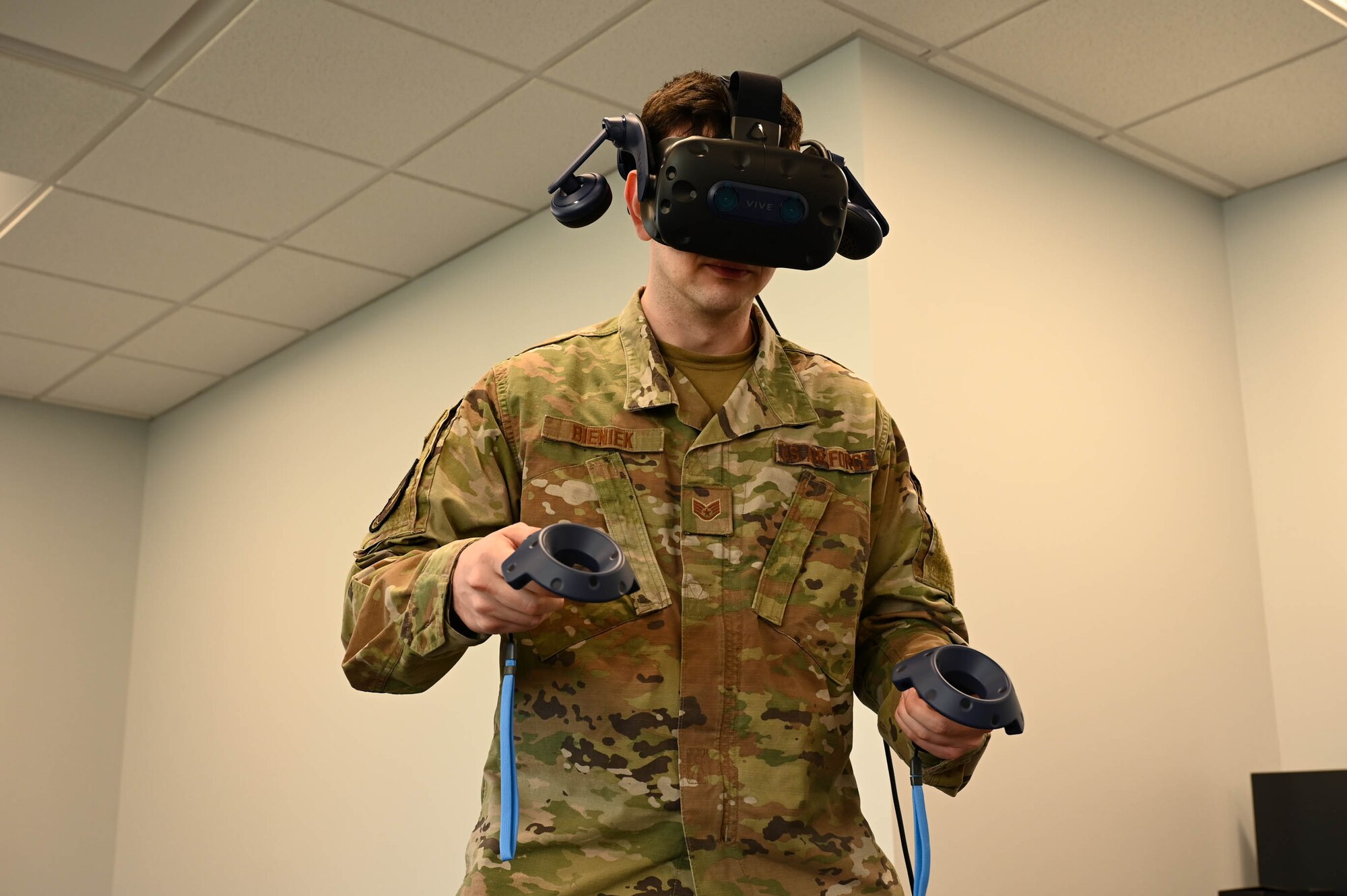 U.S. Air Force Staff Sgt. Dennis Bieniek, 81st Logistics Readiness Squadron material handling equipment journeyman, uses a virtual reality headset for training in the Innovation Lab at Keesler Air Force Base, Mississippi, March 21, 2024.