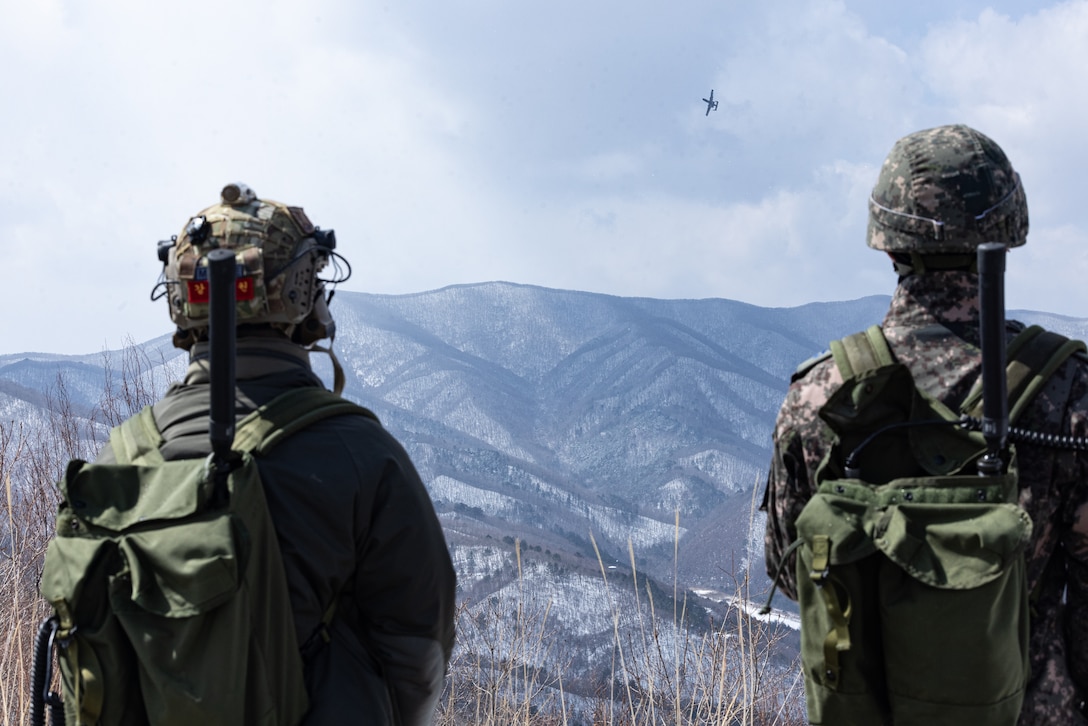 Republic of Korea Marines examine the capabilities of a A-10 Thunderbird II with 7th Air Force during a tactical air control party live fire range part of exercise Warrior Shield 24 on Pilsung Range, Gangwan Province, South Korea, March 18-21, 2024. Warrior Shield 24 is an annual joint, combined, exercise in the Republic of Korea that strengthens the combined defensive capabilities of ROK-U.S. Forces. This routine, regularly scheduled, field training exercise provides the ROK-U.S. Marines the opportunity to rehearse combined operations, exchange knowledge, and demonstrate the strength and capability of the ROK-U.S. Alliance. (U.S. Marine Corps photo by Cpl. Stephen Holland)