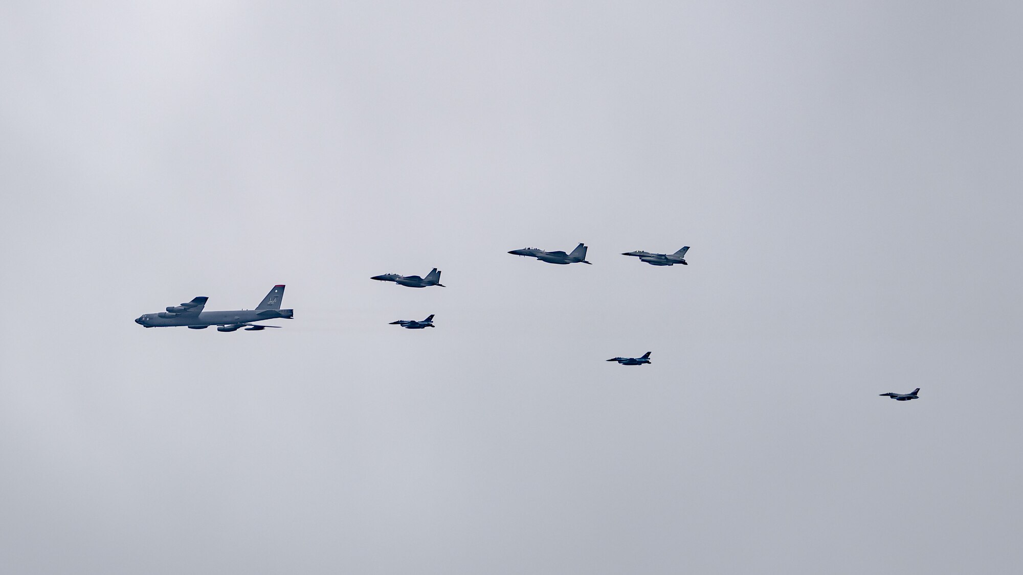 Fighter aircraft from the U.S. 8th Fighter Wing, Japan, and the Republic of Korea conducted a trilateral escort flight of a U.S. B-52H Stratofortress Bomber operating in the Indo-Pacific, April 2, 2024.