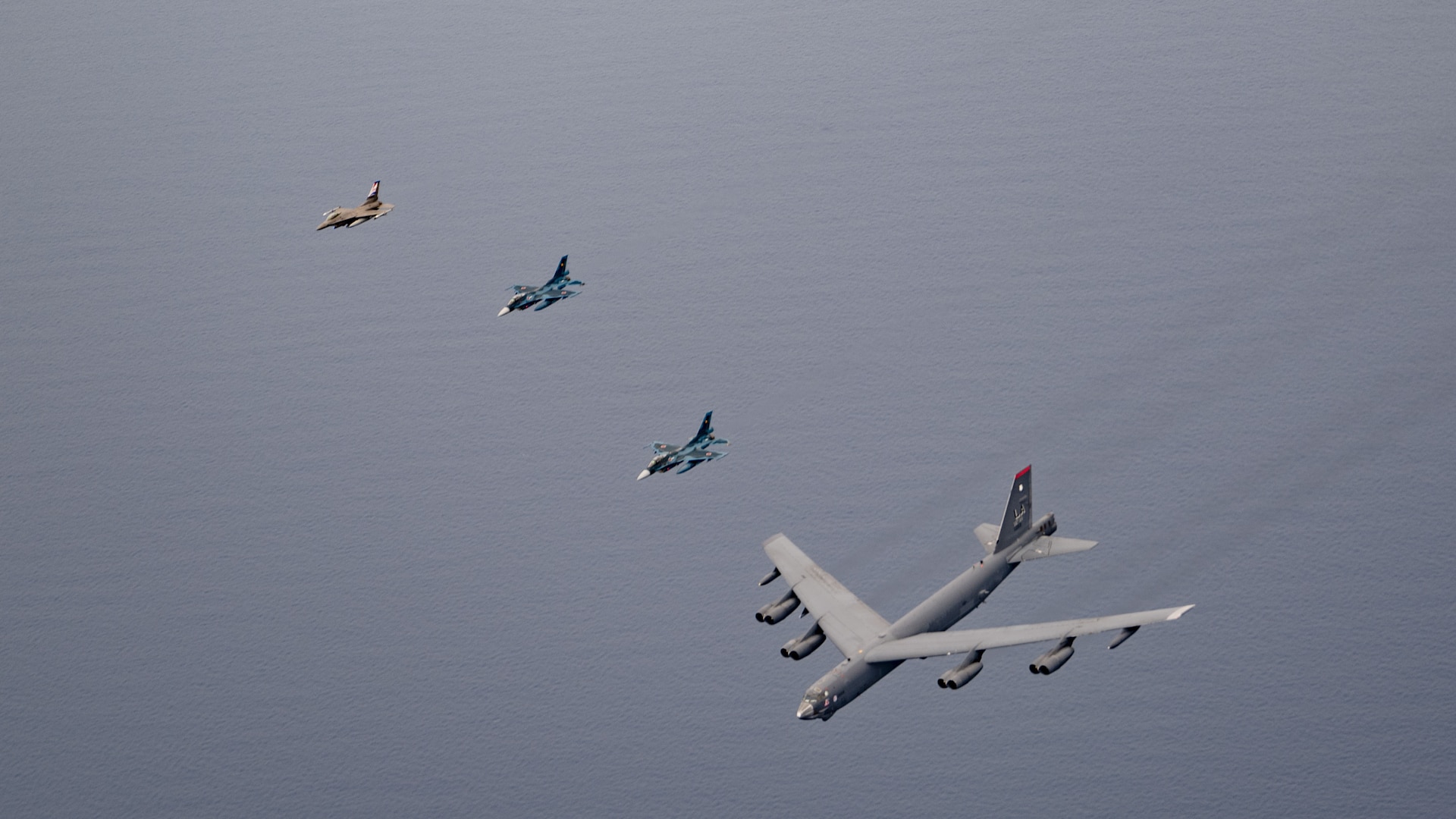 Fighter aircraft from the U.S. 8th Fighter Wing and Japan conducted a trilateral escort flight of a U.S. B-52H Stratofortress Bomber operating in the Indo-Pacific, April 2, 2024.