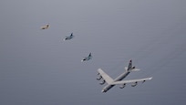 Fighter aircraft from the U.S. 8th Fighter Wing and Japan conducted a trilateral escort flight of a U.S. B-52H Stratofortress Bomber operating in the Indo-Pacific, April 2, 2024.