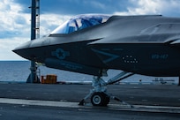 An F-35C Lightning II, from Strike Fighter Squadron (VFA) 147, prepares to take off from the flight deck of Nimitz-class aircraft carrier USS George Washington (CVN 73). George Washington is underway in support of carrier qualifications.