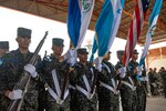 Members of the Honduran military salute during the playing of national anthems during the opening ceremony of CENTAM Guardian 24 phase one at Soto Cano Air Base, Honduras, April 2, 2024. CENTAM Guardian 24 is a demonstration of U.S. and Central American allies to operate seamlessly together in a dynamic operating environment. (U.S. Air Force photo by Tech. Sgt. Nick Z. Erwin)