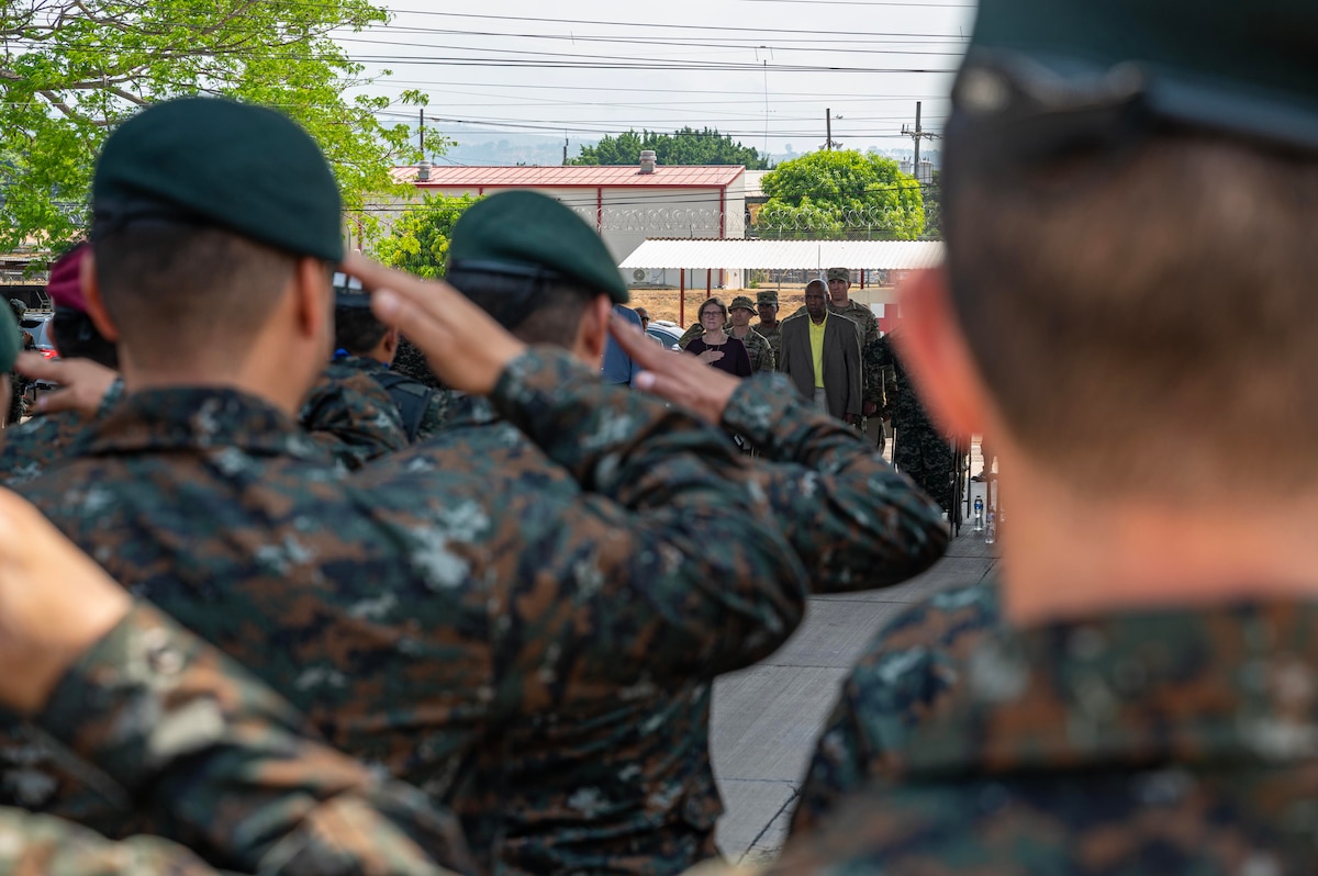 Members of the Guatemalan military salute during the playing of national anthems during the opening ceremony of CENTAM Guardian 24 phase one at Soto Cano Air Base, Honduras, April 2, 2024.
