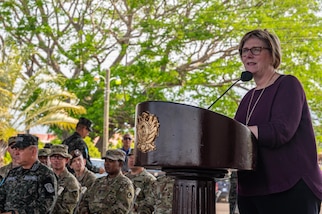 Laura Dogu, U.S. Ambassador to Honduras, provides remarks during the opening ceremony of CENTAM Guardian 24 phase one at Soto Cano Air Base, Honduras, April 2, 2024.