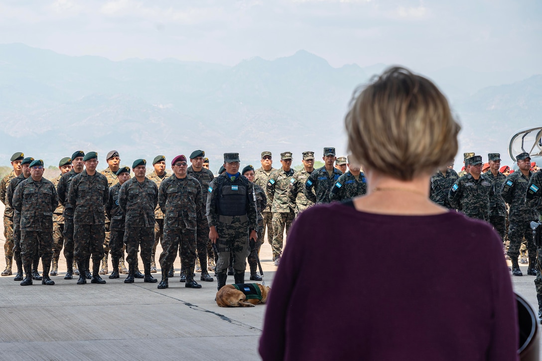 Laura Dogu, U.S. Ambassador to Honduras, provides remarks during the opening ceremony of CENTAM Guardian 24 phase one at Soto Cano Air Base, Honduras, April 2, 2024.