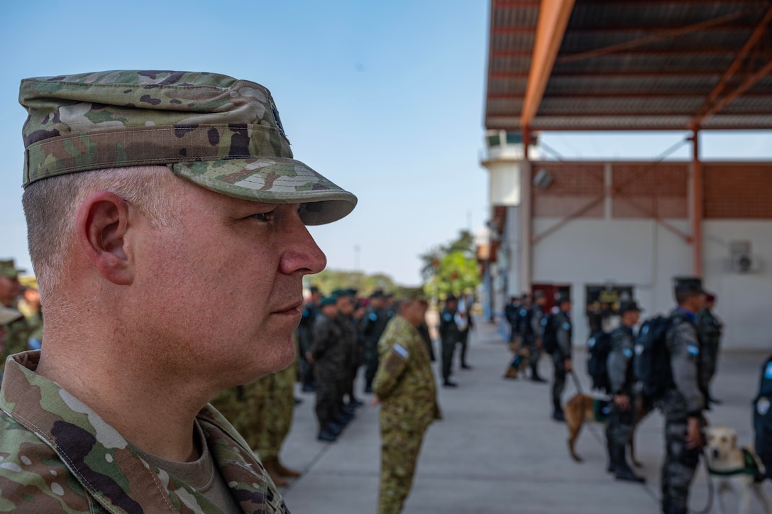 Members of U.S. Southern Command, El Salvador military, Honduran military, and Guatemalan military stand at parade rest during the opening ceremony of CENTAM Guardian 24 phase one at Soto Cano Air Base, Honduras, April 2, 2024.