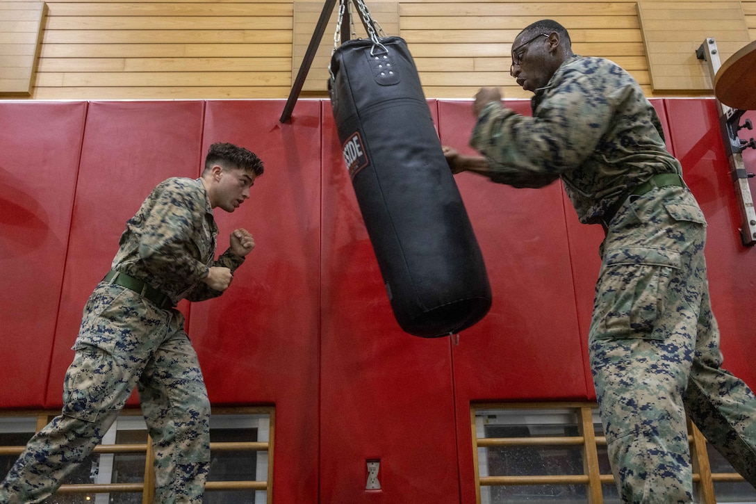 Two Marines stand on opposite sides of a punching bag getting ready to hit it. A padded red wall is behind them.