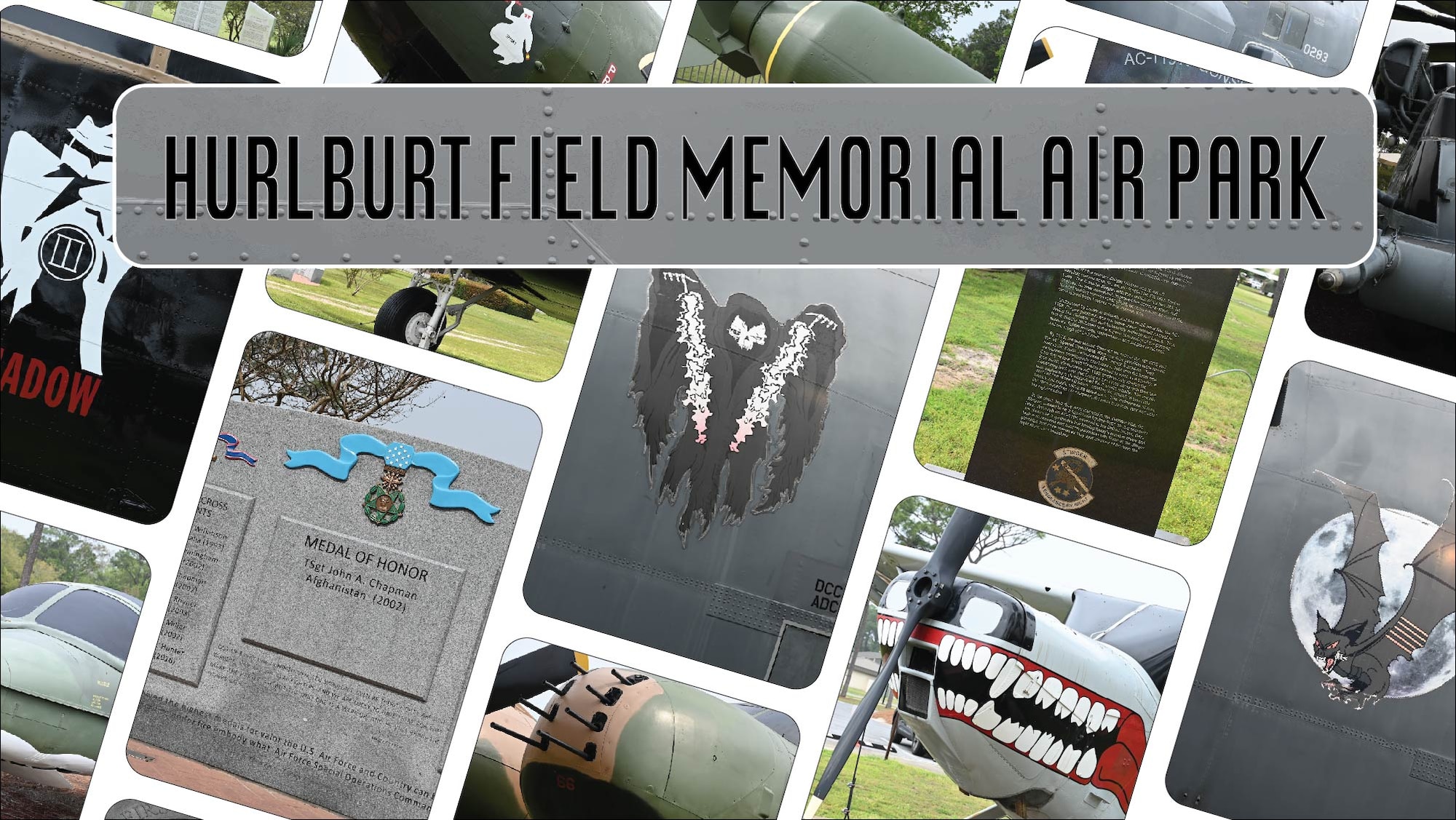 Hurlburt Field Memorial Air Park graphic; collage of various airframes, logos, and memorials featured in the air park.