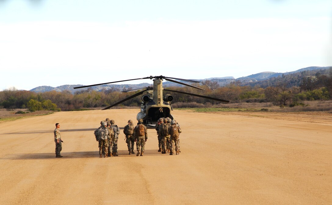 Command Sgt. Maj. Sam Lee monitored soldiers boarding the Chinook to ensure everyone’s safety and timely departure. Five members of the 80th Training and its three divisions joined together to compete in the 2024 Best Squad competition hosted by the 63rd Readiness Division in Camp Parks and Fort Hunter Liggett, Ca.