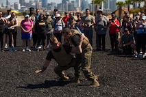 Educators with Recruiting Stations’ Albuquerque, Denver, Houston, and Salt Lake City participating in the 2024 Educator’s Workshop receive a demonstration on the Marine Corps Martial Arts Program as part of the workshop, April 2, 2024 at Marine Corps Recruit Depot San Diego, California. Participants of the workshop visit MCRD San Diego to observe recruit training and gain a better understanding about the transformation from recruits to United States Marines. Educators also received classes and briefs on the benefits that are provided to service members serving in the United States armed services. (U.S. Marine Corps photo by Sgt. Trey Q. Michael)