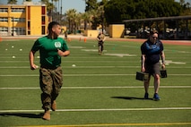 Educators with Recruiting Stations’ Albuquerque, Denver, Houston, and Salt Lake City participate in a timed maneuver-under-fire during a mock combat fitness test as part of the 2024 Educator’s Workshop, April 2, 2024 at Marine Corps Recruit Depot San Diego, California. Participants of the workshop visit MCRD San Diego to observe recruit training and gain a better understanding about the transformation from recruits to United States Marines. Educators also received classes and briefs on the benefits that are provided to service members serving in the United States armed services. (U.S. Marine Corps photo by Sgt. Trey Q. Michael)