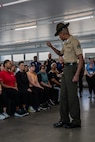 U.S. Marine Corps Sgt. Brandon Simon, a senior drill instructor with India Company, 3rd Recruit Training Battalion, provides educators with Recruiting Stations’ Albuquerque, Denver, Houston, and Salt Lake City a mock senior drill instructor speech as part of the 2024 Educator’s Workshop, April 2, 2024 at Marine Corps Recruit Depot San Diego, California. Participants of the workshop visit MCRD San Diego to observe recruit training and gain a better understanding about the transformation from recruits to United States Marines. Educators also received classes and briefs on the benefits that are provided to service members serving in the United States armed services. (U.S. Marine Corps photo by Sgt. Trey Q. Michael)