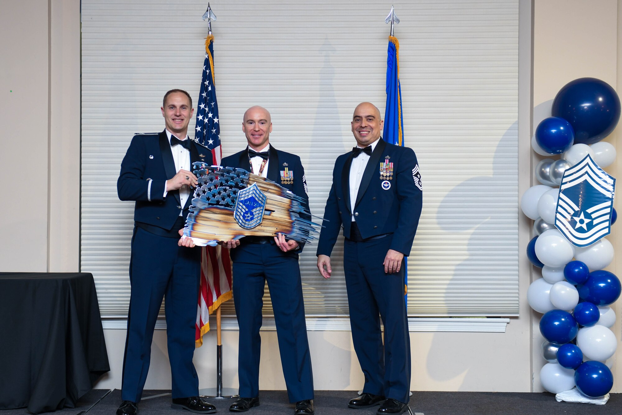 U.S. Air Force Chief Master Sgt. Karl Rehkamp, select, with the 916th Maintenance Group, poses for a photo during the chief master sergeant recognition ceremony at Seymour Johnson Air Force Base, North Carolina, March 2, 2024. A total of 506 senior master sergeants were selected for promotion to chief master sergeant across the Air Force during the promotion cycle in 2023. (U.S. Air Force photo by Senior Airman Taylor Hunter)