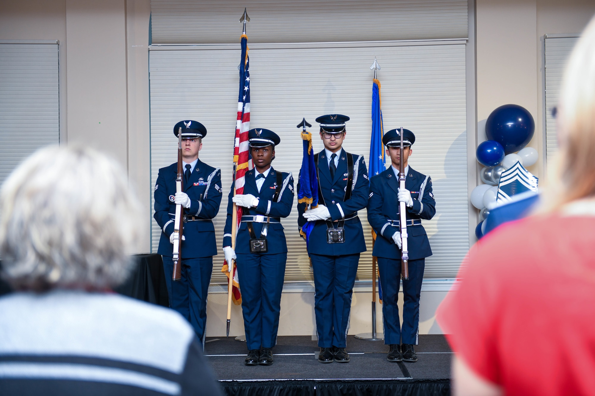 U.S. Air Force Base Honor Guardsmen post the colors during a chief master sergeant recognition ceremony at Seymour Johnson Air Force Base, North Carolina, March 2, 2024. Base Honor Guardsmen practice flag folding, rifle holding and military bearing to execute various military ceremonies. (U.S. Air Force photo by Senior Airman Taylor Hunter)