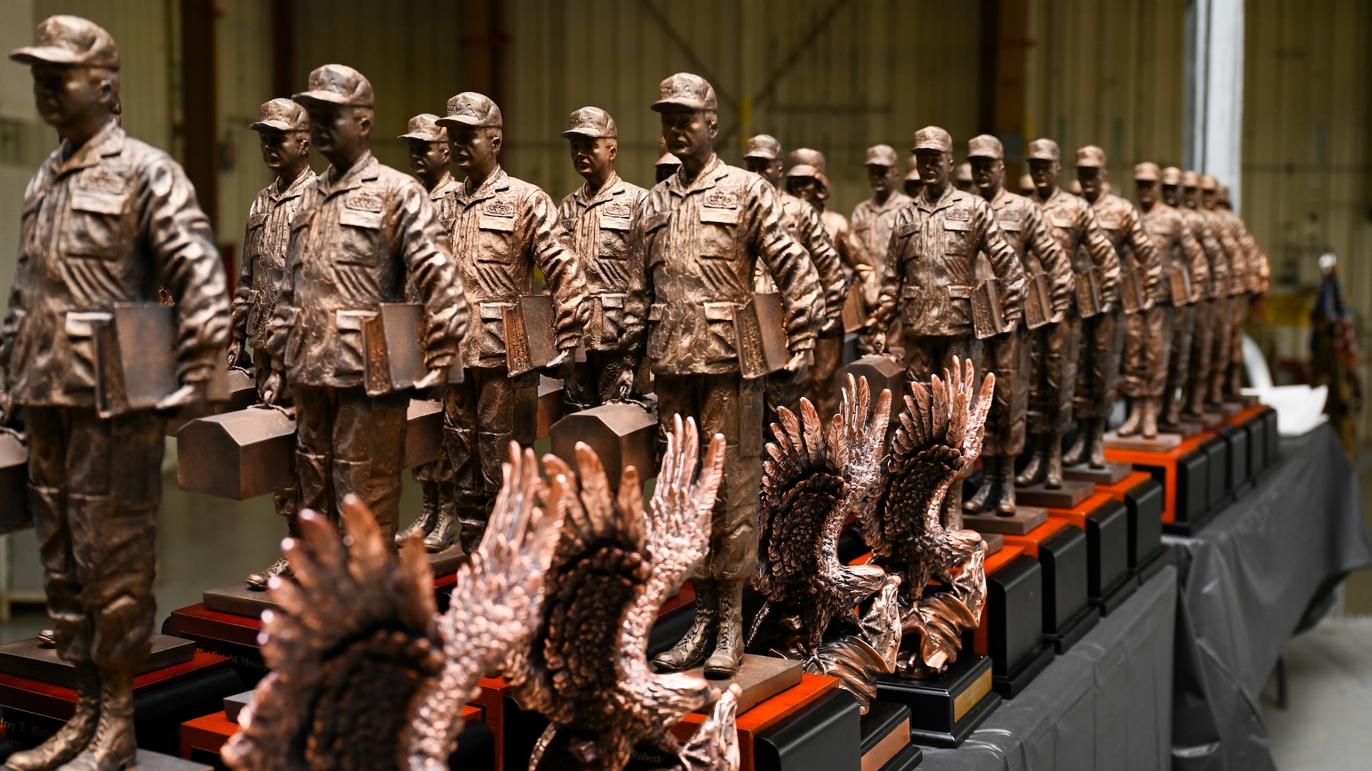 Trophies are displayed and will be awarded at the Maintenance Professional of the Year ceremony at Seymour Johnson Air Force Base, North Carolina, Mar. 08, 2024. The MPOY ceremony recognized Airmen from multiple maintenance career fields and highlighted their accomplishments. (U.S. Air Force photo by Airman Rebecca Tierney)