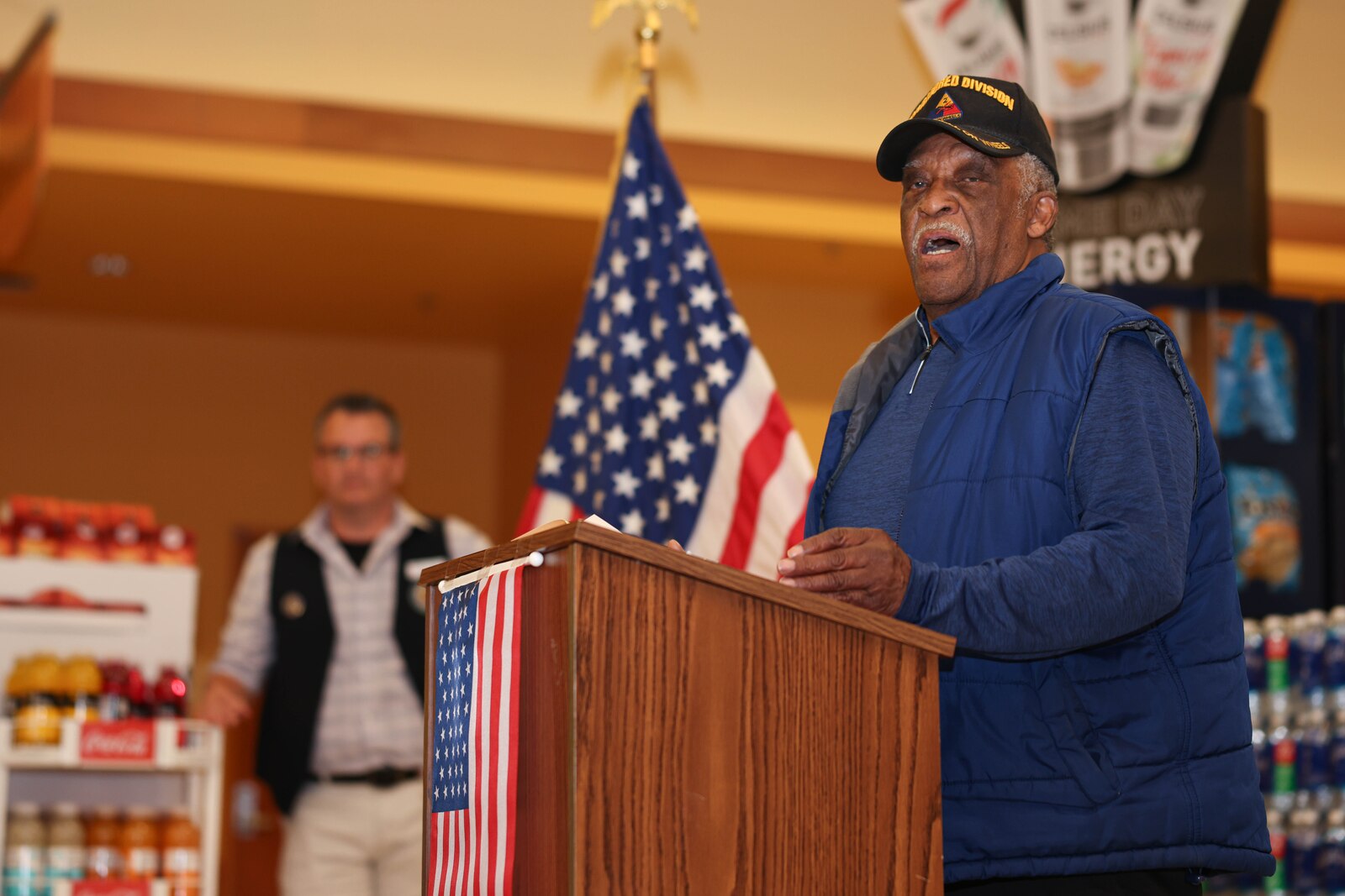 U.S. Army veteran Warren A. Thomas, the guest of honor, speaks during the Vietnam Veterans Day Ceremony at the Quantico Commissary on Marine Corps Base Quantico, Virginia, March 29, 2024. The Defense Commissary Agency partnered with The United States of America Vietnam War Commemoration to thank and honor Vietnam veterans and their families for their service and sacrifice on behalf of the nation. (U.S. Marine Corps photo by Lance Cpl. David Brandes)