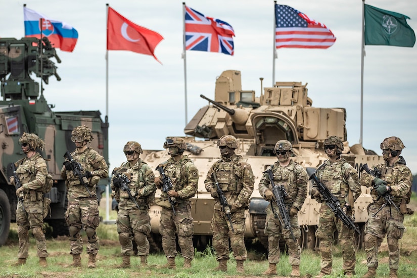 U.S. Soldiers assigned to the 1st Battalion, 9th Cavalry Regiment, 2nd Armored Brigade Combat Team, 1st Cavalry Division participate in the distinguished-visitors day as part of Griffin Shock 23 held at Bemowo Piskie, Poland, May 19, 2023. As the framework nation in Poland, Exercise Griffin Shock demonstrates the U.S. Army's ability to assure the NATO alliance by rapidly reinforcing the NATO Battle Group Poland to a brigade-size unit. (U.S. Army National Guard photo by Staff Sgt. Agustín Montañez)