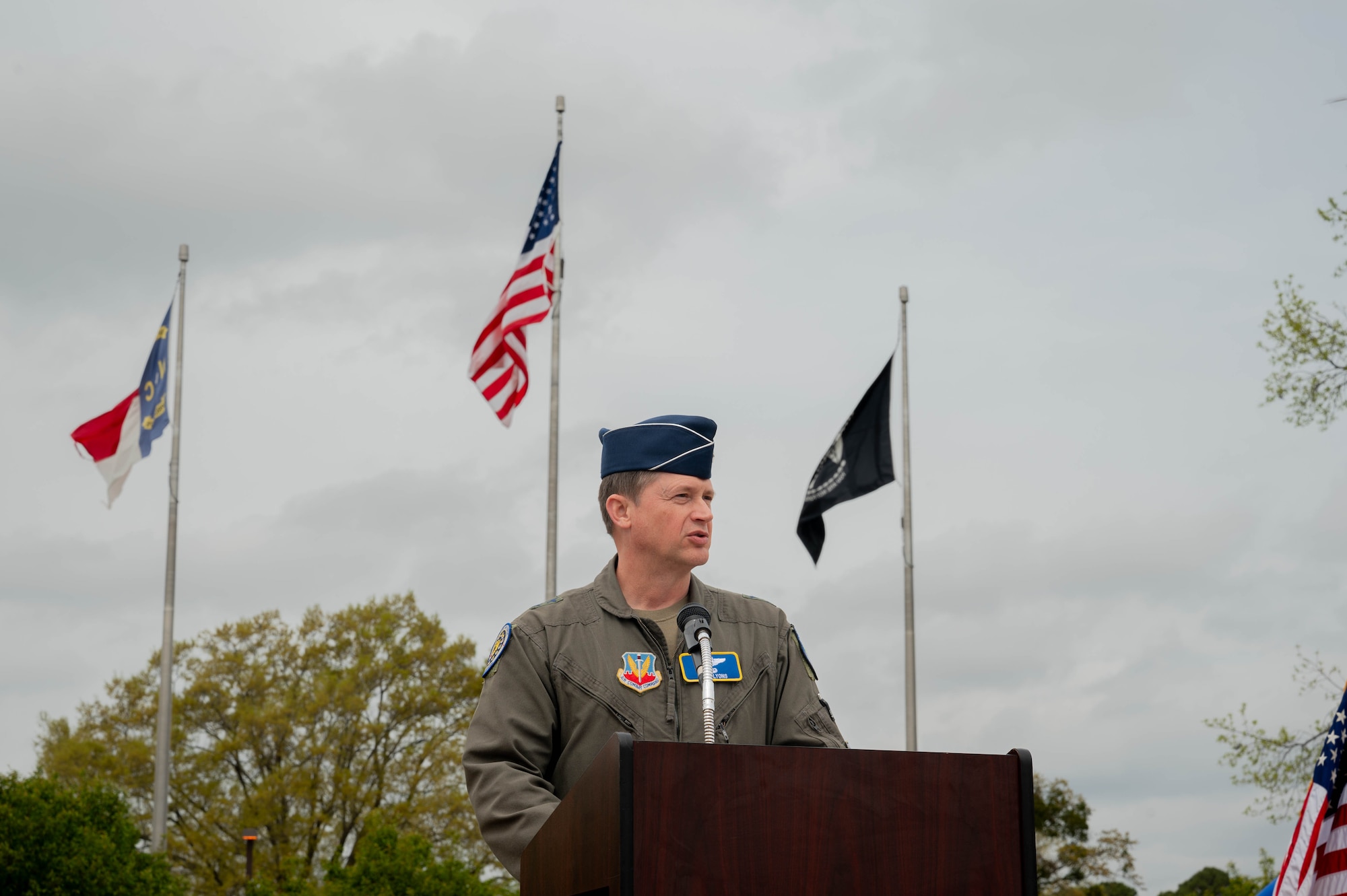Maj. Gen. David Lyons, 15th Air Force commander, highlights the importance of integral leadership and transfer of power during the 4th Fighter Wing change of command, at Seymour Johnson Air Force Base, North Carolina, March 22, 2024. Change of command ceremonies allow Air Force leadership to seamlessly transfer authority while meeting their new Airmen across the wing. (U.S Air Force photo by Airman 1st Class Rebecca Sirimarco-Lang)