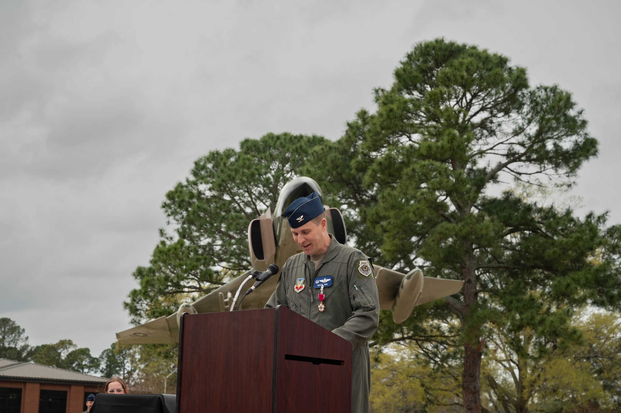 Col. Lucas Teel, 4th Fighter Wing out-going commander, gives remarks at the 4 FW change of command ceremony at Seymour Johnson Air Force Base, North Carolina, March 22, 2024. Change of command ceremonies are a long-standing military tradition that symbolizes the official transfer of power and duties from the departing commander to the incoming commander. (U.S Air Force photo by Airman 1st Class Rebecca Sirimarco-Lang)