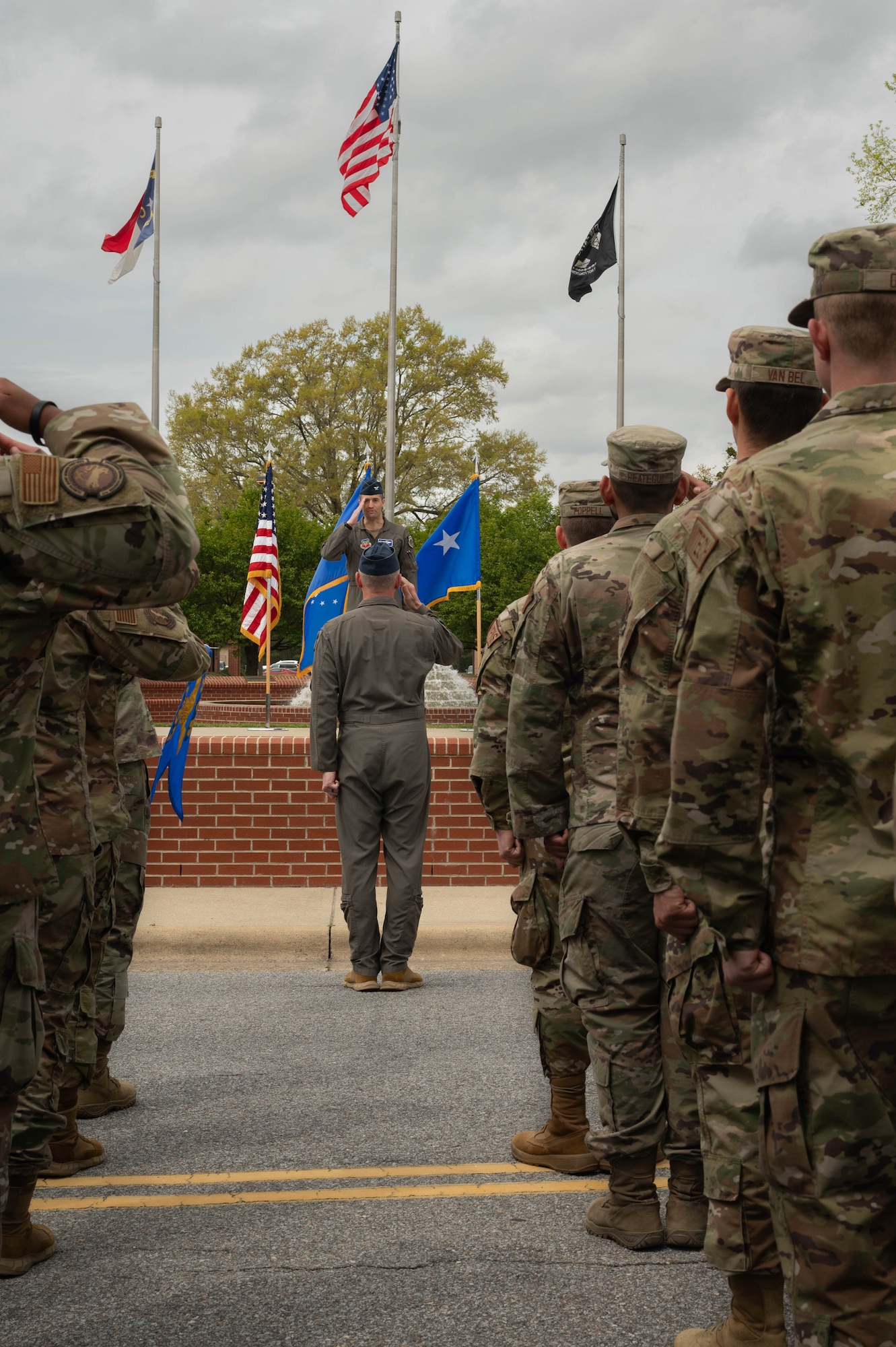 Col. Morgan Lohse, 4th Fighter Wing in-coming commander, receives  his first salute as commander of the 4 FW during the change of command ceremony at Seymour Johnson Air Force Base, North Carolina, March 22, 2024. Change of command ceremonies are a long-standing military tradition that symbolizes the official transfer of power and duties from the departing commander to the incoming commander. (U.S Air Force photo by Airman 1st Class Rebecca Sirimarco-Lang)