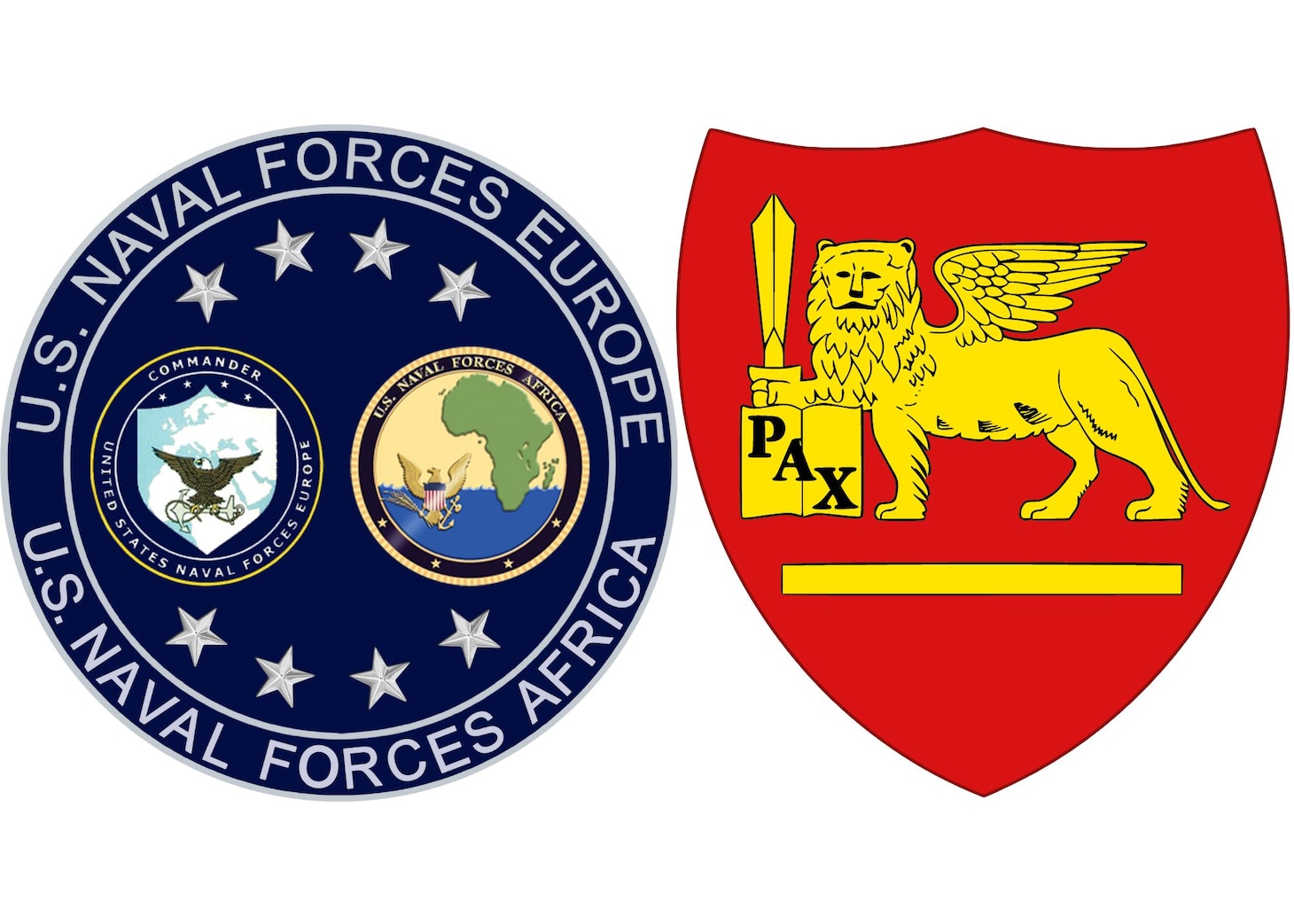 U.S. Naval Forces Europe-Africa and Allied Joint Force Naples, Italy logos.