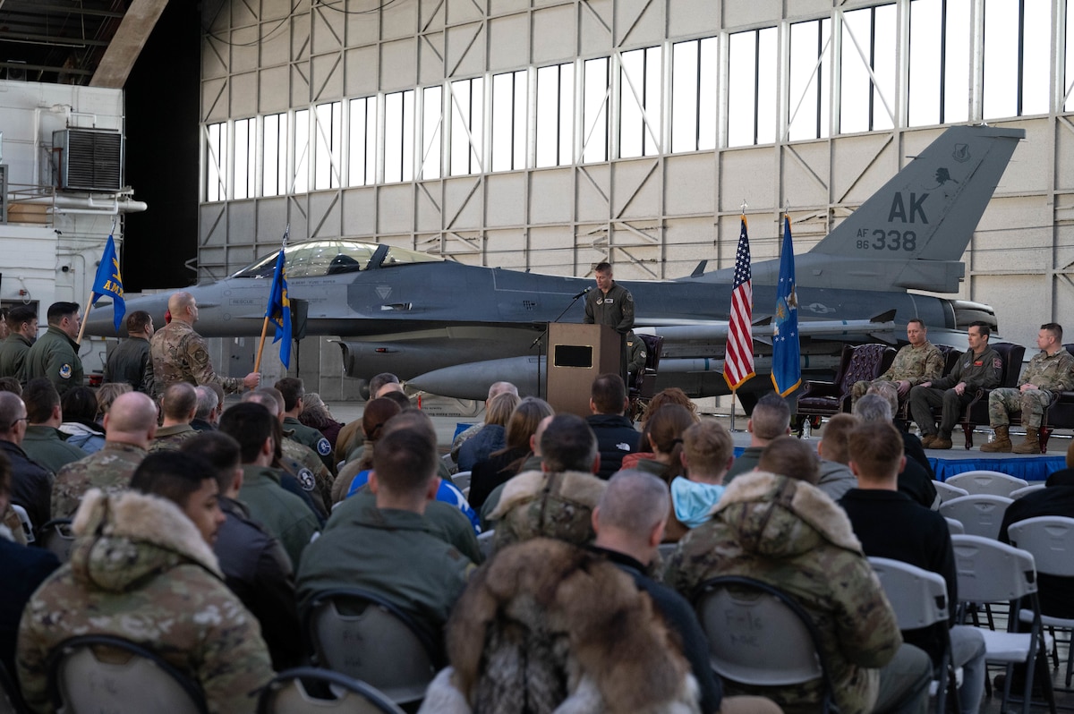 A U.S. Air Force Col. addresses the crowd during a ceremony at Eielson Air Force Base, Alaska.