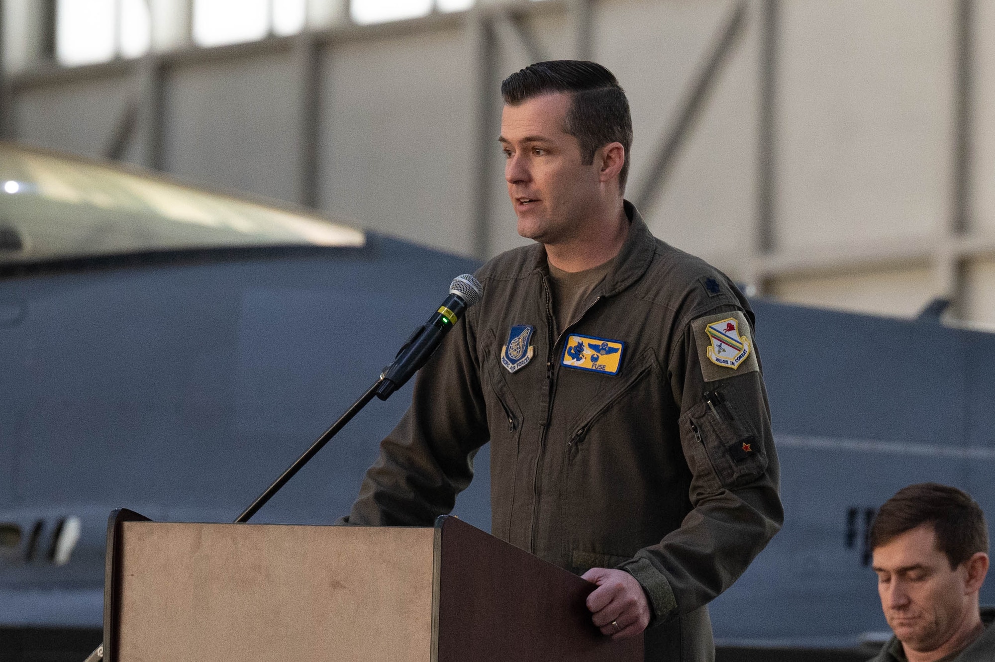 An Air Force Lt. Col. addresses the crowd at a redesignation ceremony at Eielson Air Force Base, Alaska.