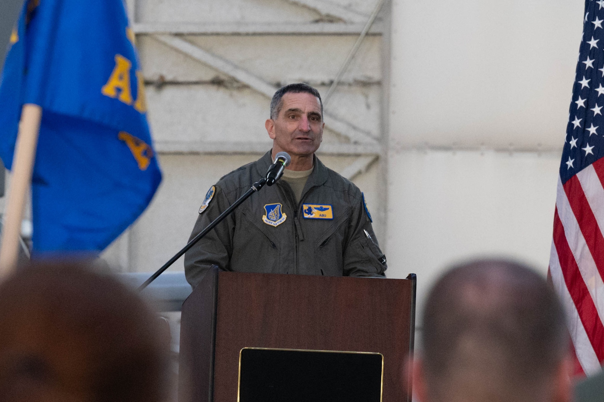 A U.S. Air Force general addresses the crowd during a redesignation ceremony at Eielson Air Force Base, Alaska.