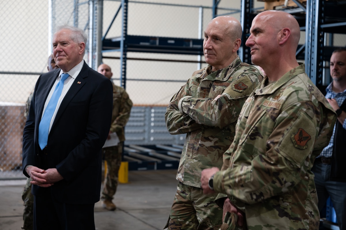 Secretary of the Air Force Frank Kendall, Air Force Chief of Staff Gen. David Allvin and Chief Master Sergeant of the Air Force David Flosi speak to Airmen.