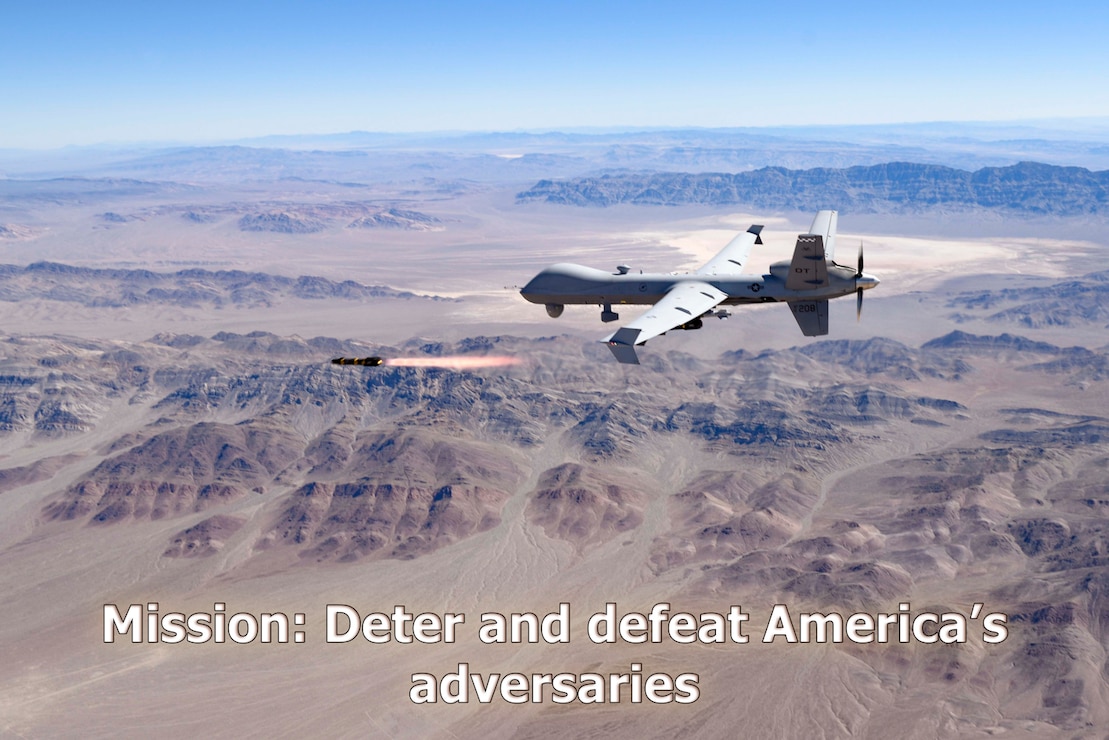 This is a graphic set of the 432nd Wing commander's mission, vision, and priority goals.