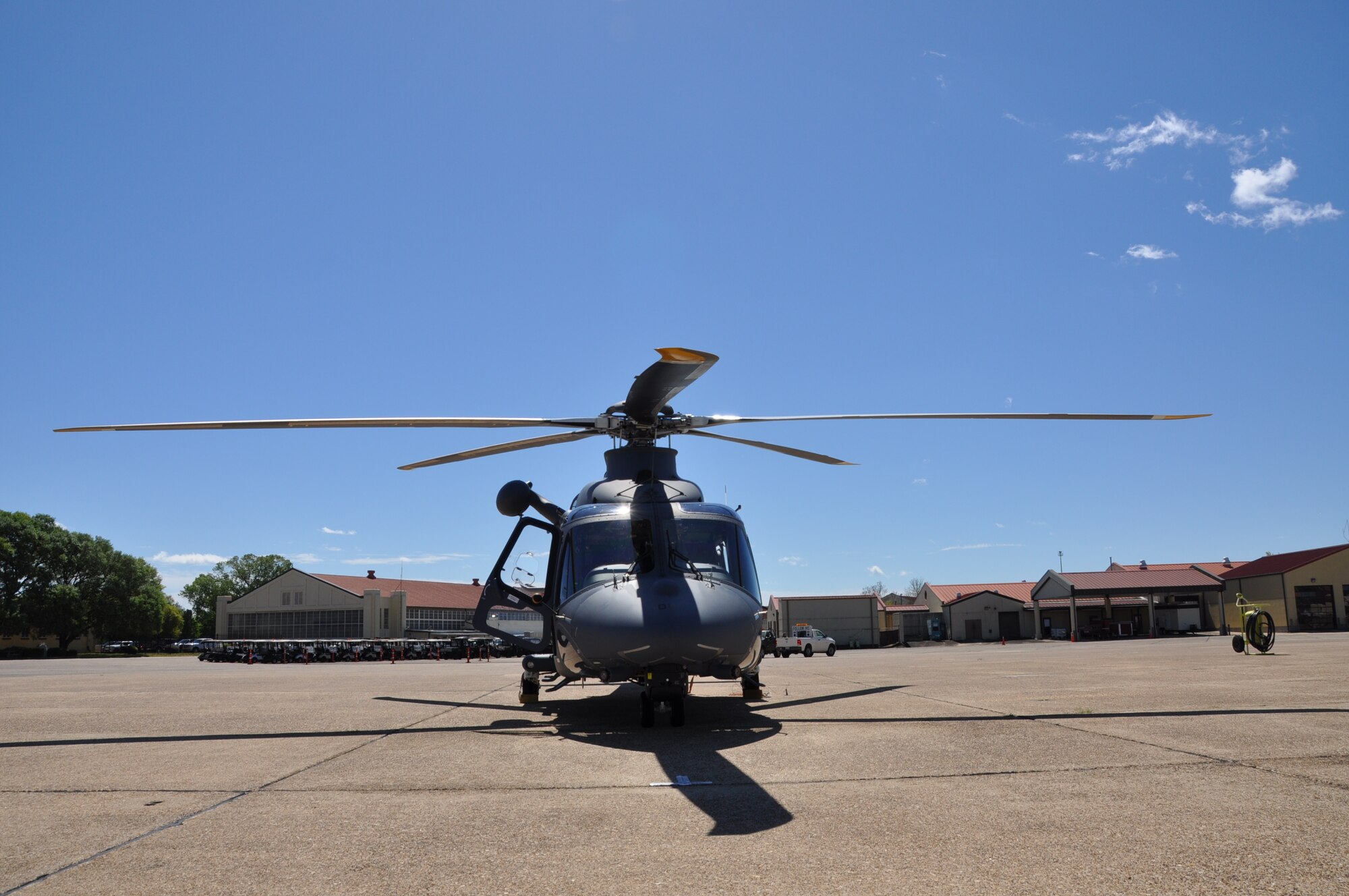 an aircraft parks on a flight line.