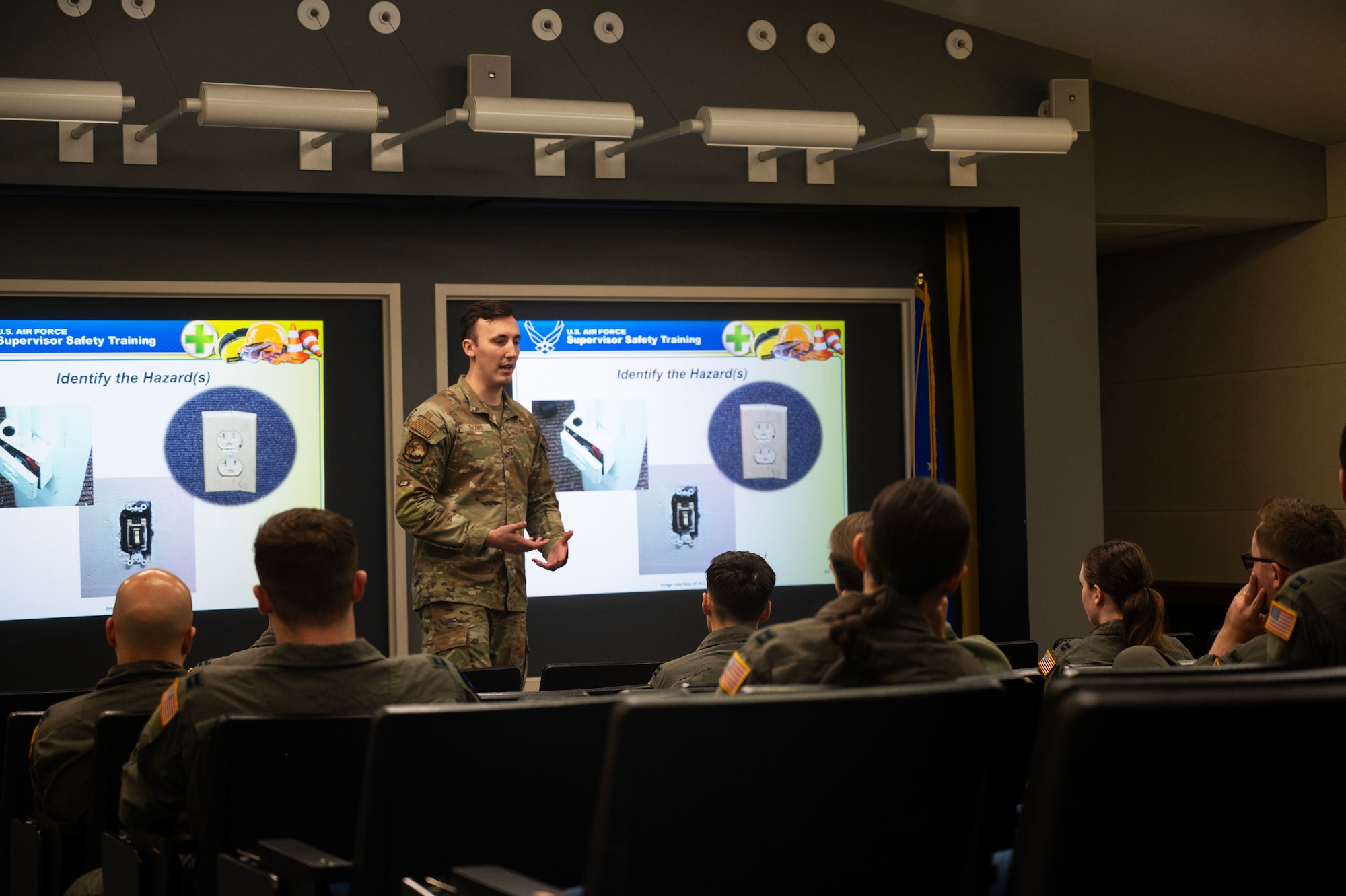 U.S. Air Force Staff Sgt. Noah DeLano, an occupational safety technician with the 62d Airlift Wing, instructs Airmen with the 7th Airlift Squadron during a supervisor safety training class at Joint Base Lewis-McChord, Washington, April 1, 2024. The safety training is a requirement for all Airmen who are going to take on a supervisory position. (U.S. Air Force photo by Airman 1st Class Kylee Tyus)