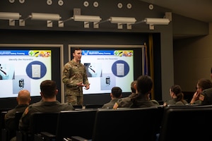 U.S. Air Force Staff Sgt. Noah DeLano, an occupational safety technician with the 62d Airlift Wing, instructs Airmen with the 7th Airlift Squadron during a supervisor safety training class at Joint Base Lewis-McChord, Washington, April 1, 2024. The safety training is a requirement for all Airmen who are going to take on a supervisory position. (U.S. Air Force photo by Airman 1st Class Kylee Tyus)