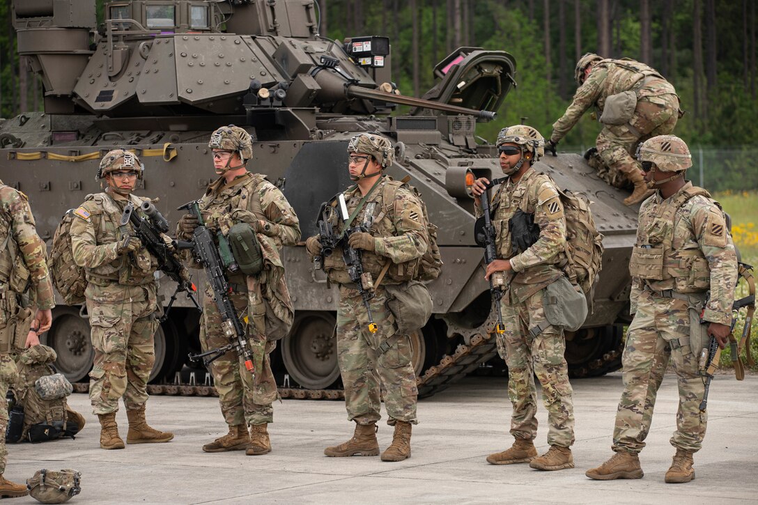 Soldiers with the 5th Squadron, 7th Cavalry Regiment, 1st Armored Brigade Combat Team (5-7 CAV), 3rd Infantry Division (3ID) attend a briefing for the Swamp Avenger readiness exercise at Hunter Army Airfield, Savannah, Georgia, Apr. 2, 2024. Swamp Avenger prepares 3ID Soldiers for future deployments around the world. (U.S. Army photo by Pfc. Tiana Brown)