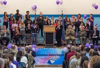 North Dakota Lt. Gov. Tammy Miller speaks during a proclamation presentation for the Month of the Military Child at Memorial Middle School, Minot Air Force Base, North Dakota, April 4, 2024. Miller praised the strength, resilience and adaptability displayed by military children in navigating the unique challenges they experience growing up in a military family. (U.S. Air Force photo by Airman 1st Class Kyle Wilson)