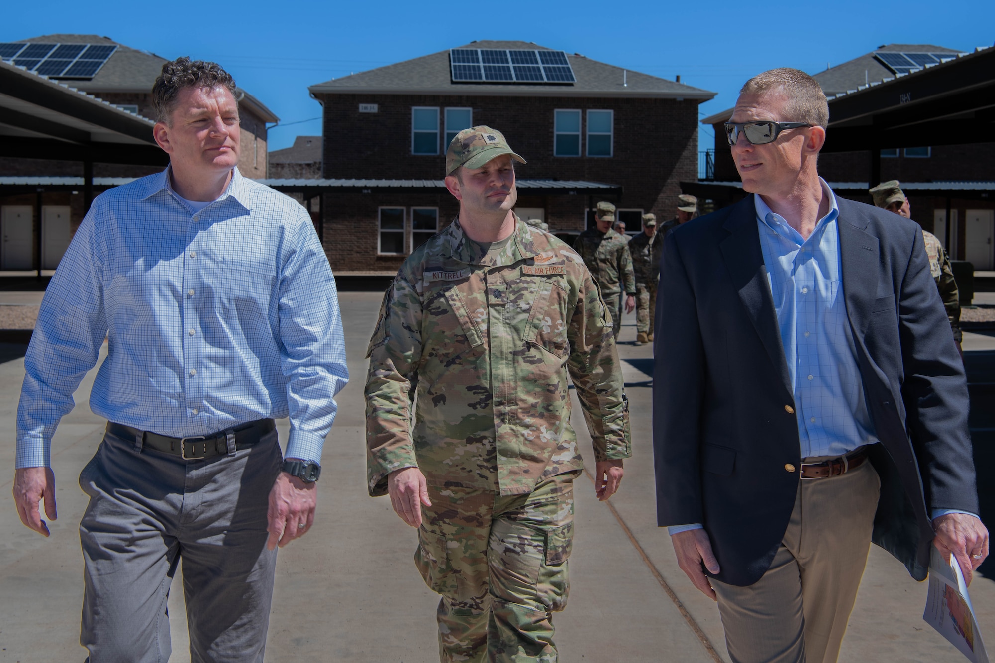 Honorable Christopher Maier, Assistant Secretary of Defense for Special Operations and Low Intensity Conflict, walks with U.S. Air Force Lt. Col. Michael Kittrell, 27th Special Operations Mission Support Group deputy commander, and Mr. Brenner Campbell during a visit to the Sendero, L.L.C., off-base dormitory in Clovis, N.M., April 3, 2024. The off-base Sendero, L.L.C., housing development is the first Air Force public-private lease, bridging Cannon AFB’s need for single Airmen housing availability by providing 200 additional beds and relieving pressure on the local multi-family housing market – increasing quality of life for Cannon’s Air Commandos. (U.S. Air Force photo by Staff Sgt. Vernon Walter)