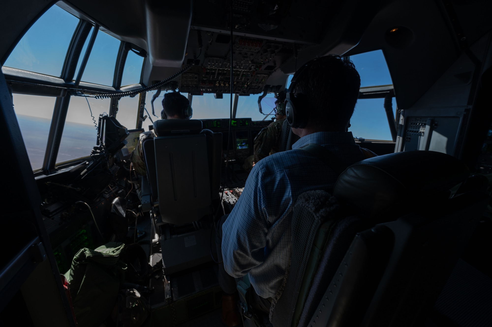 Honorable Christopher Maier, Assistant Secretary of Defense for Special Operations and Low Intensity Conflict, flies aboard an AC-130J Ghostrider assigned to the 16th Special Operations Squadron, Cannon Air Force Base, N.M., April 3, 2024. The flight was part of Maier’s visit to the 27th Special Operations Wing, providing him an opportunity to see first-hand how The Steadfast Line is leveraging organic, bottom-up innovation to generate solutions to complex problems across U.S. Special Operations Command and the joint force. (U.S. Air Force photo by Senior Airman Alexcia Givens)