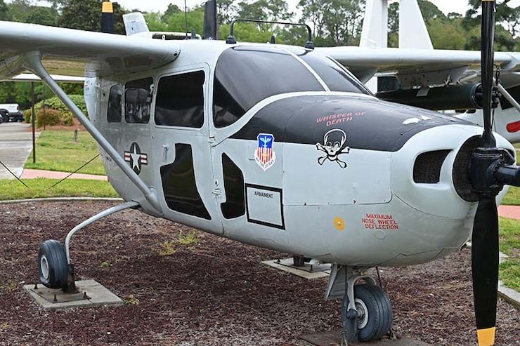 Photo of the O-2A Skymaster aircraft on display at the Hurlburt Field Memorial Air Park.